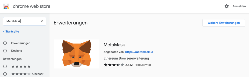 MetaMask Erweiterung im Chrome Web Store